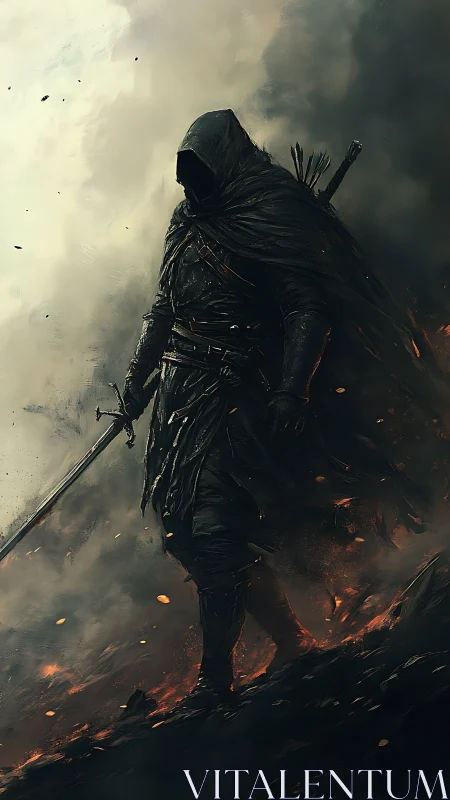 Shadow-cloaked ranger strides through embers and storm-torn smoke.