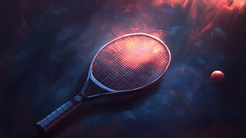 Neon-lit tennis racket with ball in atmospheric motion blur