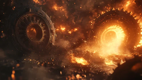 Burning mechanical rings amid molten industrial ruins.
