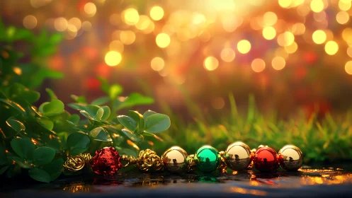 Macro holiday baubles on wet grass with warm bokeh lights