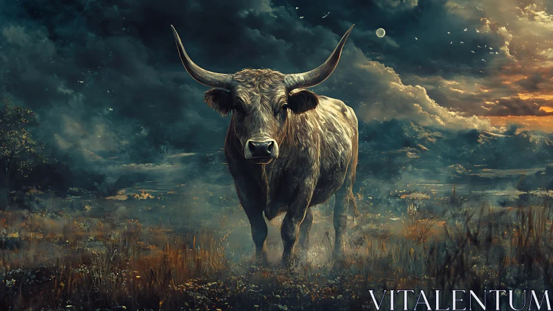 Stormlit longhorn bull emerging through misty twilight field.
