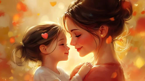 Woman and child share affectionate moment in warm golden light.