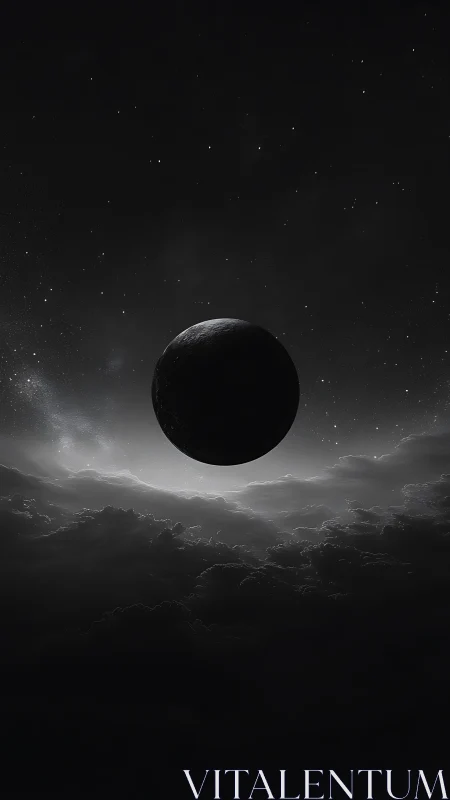 Eclipsed planet hangs above storm clouds in deep space