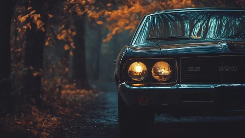 Vintage car front is illuminated on a dim forest road
