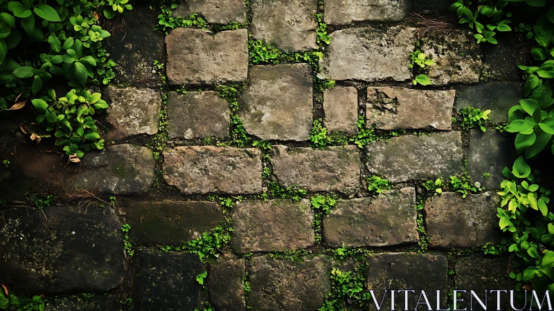 Weathered stone pathway with vibrant moss and foliage accents.