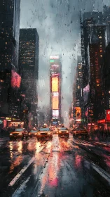 Rain slicked city street glows with neon taxi reflections.