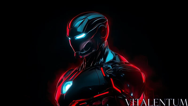 Neon armored cyborg portrait in red and cyan glow.