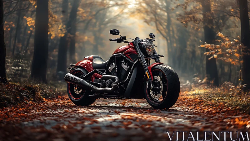 Red cruiser motorcycle stands on leaf covered forest road