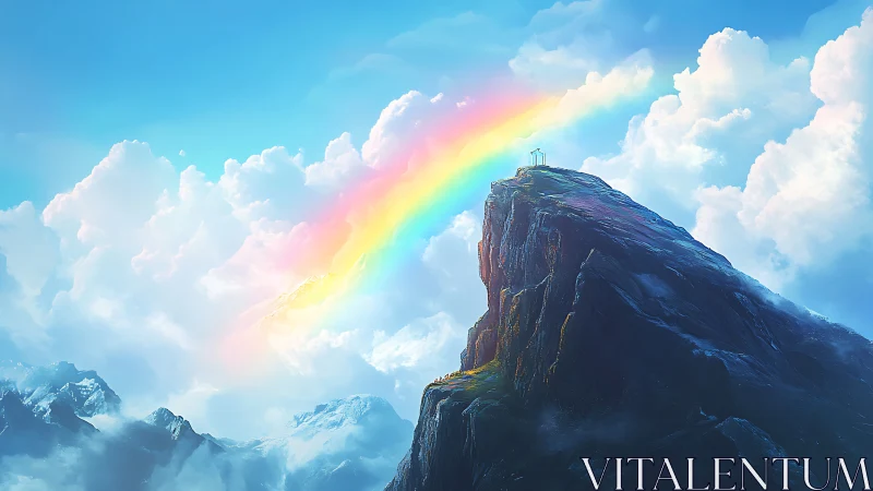 Rainbow bridge arcs over solitary mountain peak altar