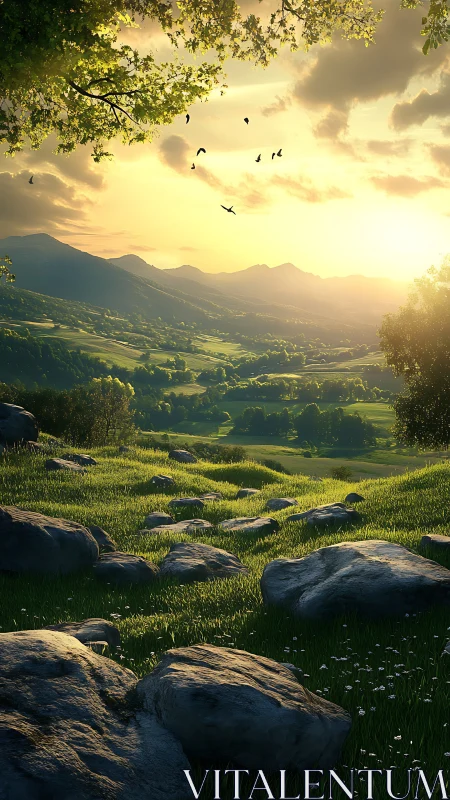 Sunlit valley landscape with green hills and rocky meadow.