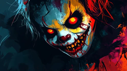 Sinister horror clown portrait with glowing orange eyes.