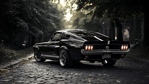 Classic black muscle car glowing on a quiet tree-lined road.