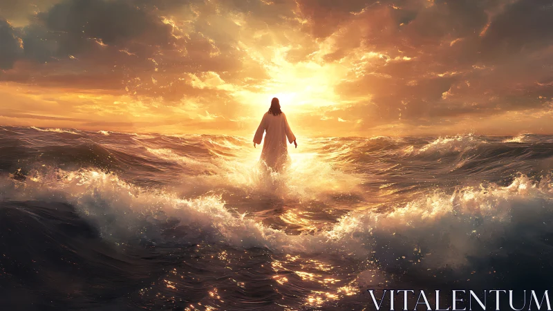 Radiant robed figure walks upon sunlit stormy sea at dawn.