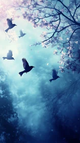 Silhouetted birds in ethereal blue forest canopy at dawn