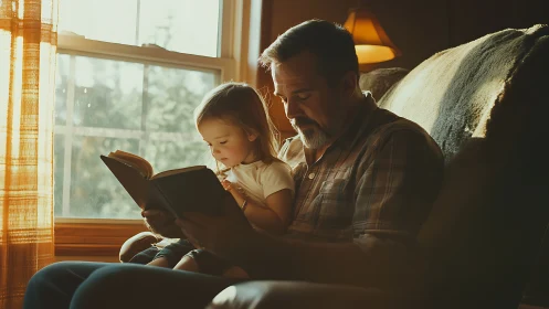 Warm backlit storytelling scene with adult and child reading.