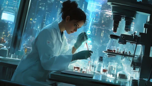 Midnight city biochemist distills neon secrets in glass vials.