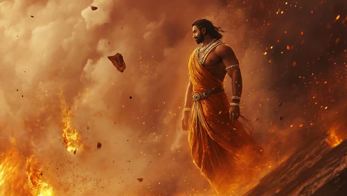 Male figure in saffron garments stands amid dense firestorm