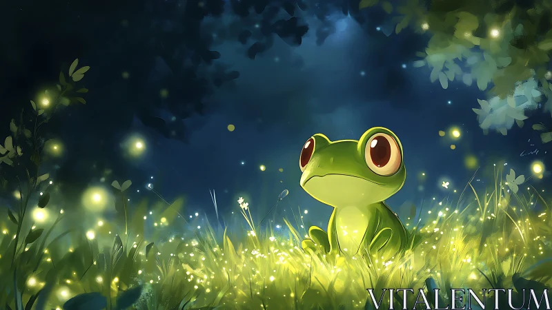 Cartoon frog watches glowing fireflies in moonlit meadow.