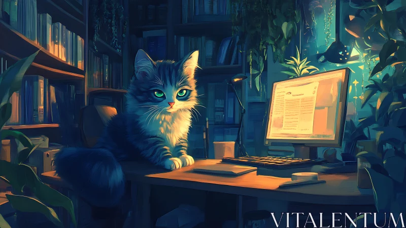 Feline Hacker in Bioluminescent Workspace: Digital Painting.