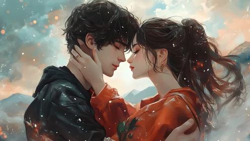 Romantic couple in close intimate moment with mountain backdrop.