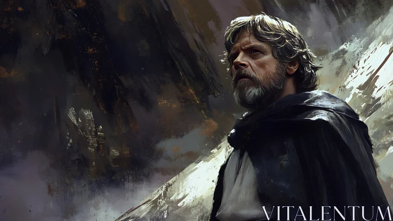 Older robed figure stands before abstract rugged backdrop