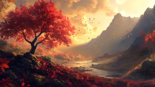 Autumn river valley under volumetric sunset light with glowing foliage