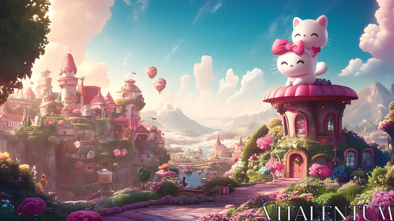 Cute cat balloons overlook pastel fantasy cliffside village
