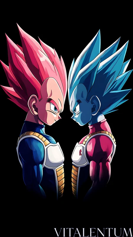 Dual-haired Saiyan rivals glow in mirrored cosmic standoff.