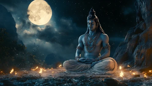 Moonlit ascetic in serene meditation amid sacred flames.
