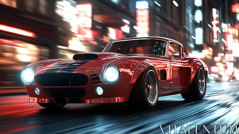 Red classic muscle car racing through vibrant city lights.