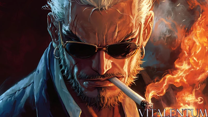 Combustive portrait of hardened smoker in flare-lit chiaroscuro.