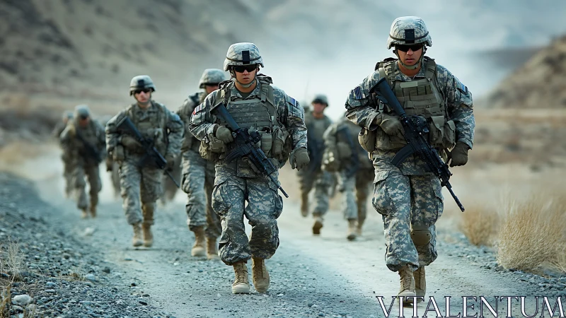 Armed soldiers conduct foot patrol along dusty mountain road.