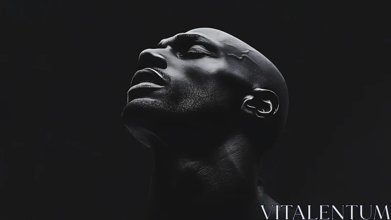 Side-lit portrait captures powerful upward gaze in darkness.