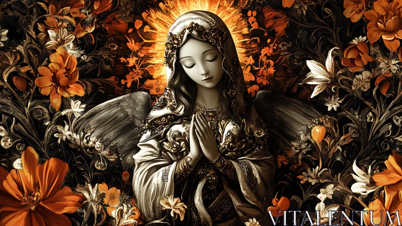 Winged figure in ornate robe prays amid orange floral halo