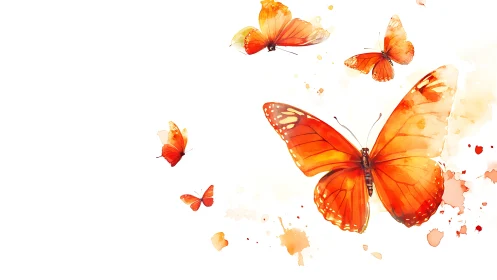 Orange watercolor butterflies drift like spilled sunset ink