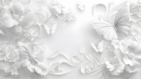Elegant white 3D butterflies and flowers on textured background.