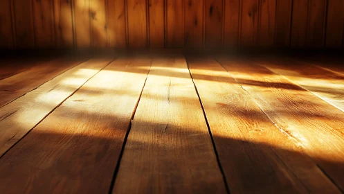 Sunlit wooden floor planks in warm interior space.