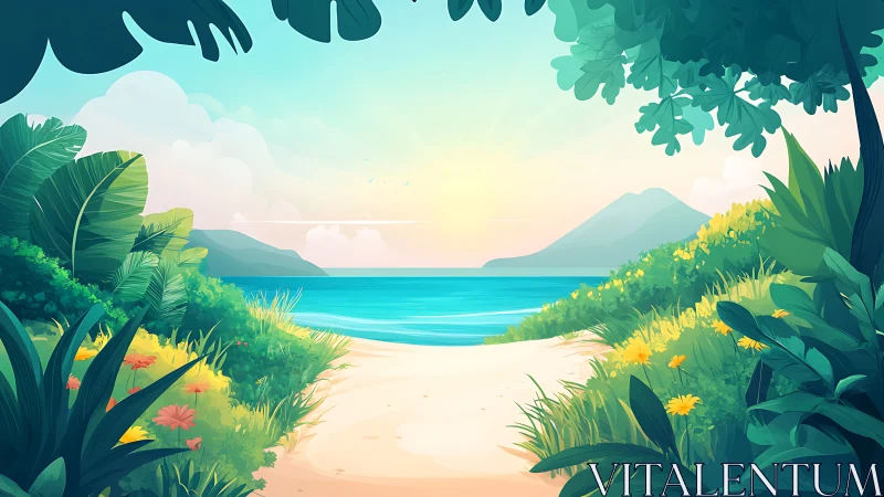Digital illustration of tropical coastal landscape with volumetric lighting and layered depth compos