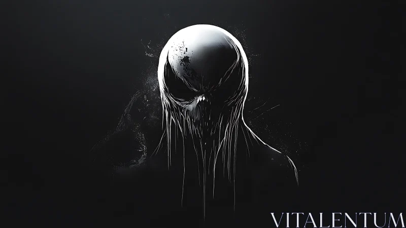 Monochrome dripping humanoid head rendered on dark ground