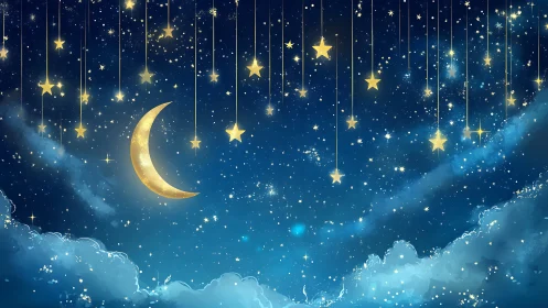 Luminous crescent moon amid suspended golden stars at night