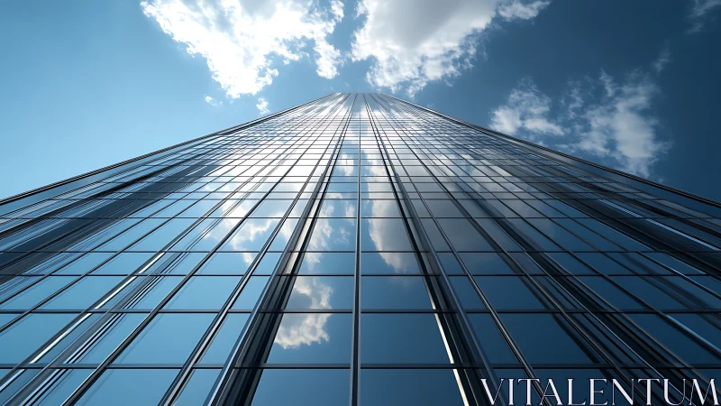 Glass curtain wall skyscraper with reflective facade perspective