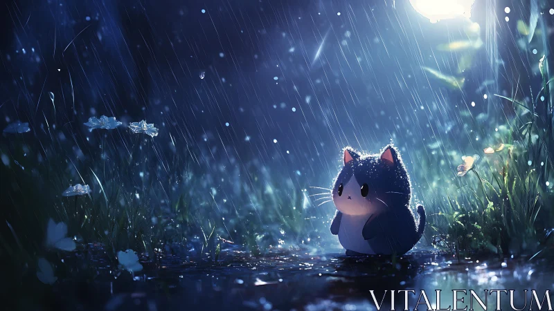Digital painting of chibi cat under luminous rainy nightscape.