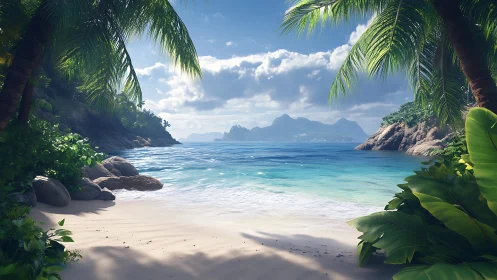 Tropical Paradise Cove Between Palm-Framed Islands.