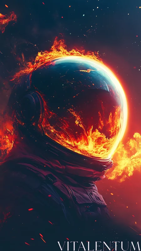 Digital painting of flaming astronaut visor in deep space profile.