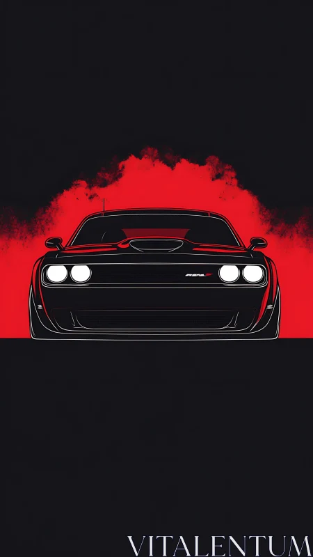 Front view illustration of black muscle car on red field.