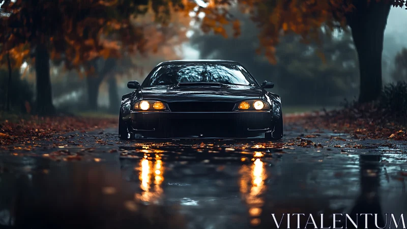 Low-slung performance coupe in wet autumn roadway reflection.