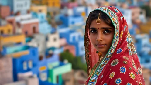 Indian woman in traditional attire with colorful cityscape background.