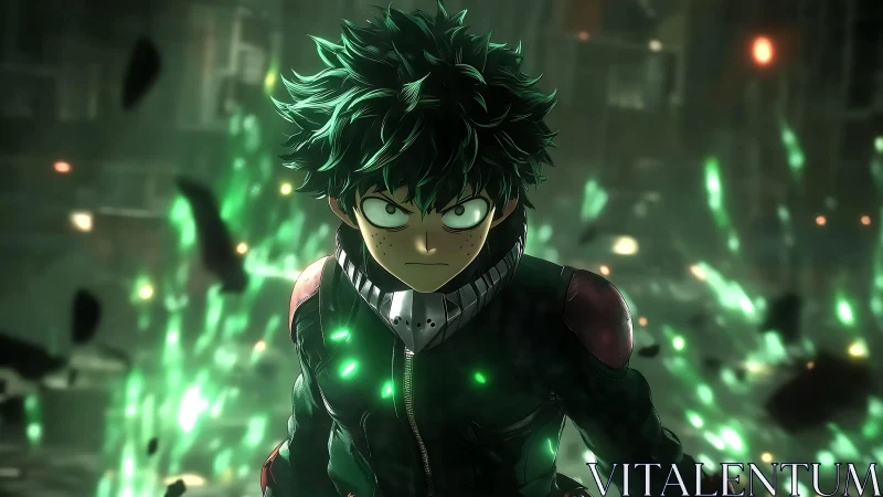 Green lightning hero surges through a storm of burning hope.