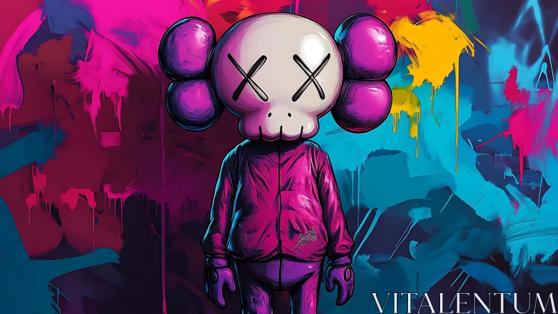 Skull-headed street dreamer soaks in neon splattered midnight