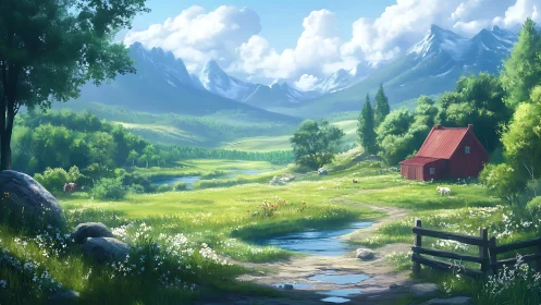 Sunlit mountain meadow welcomes a quiet red farmhouse